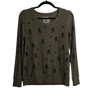 CHASER Skull Sweater in Gray Graphic Long Sleeve Size Small